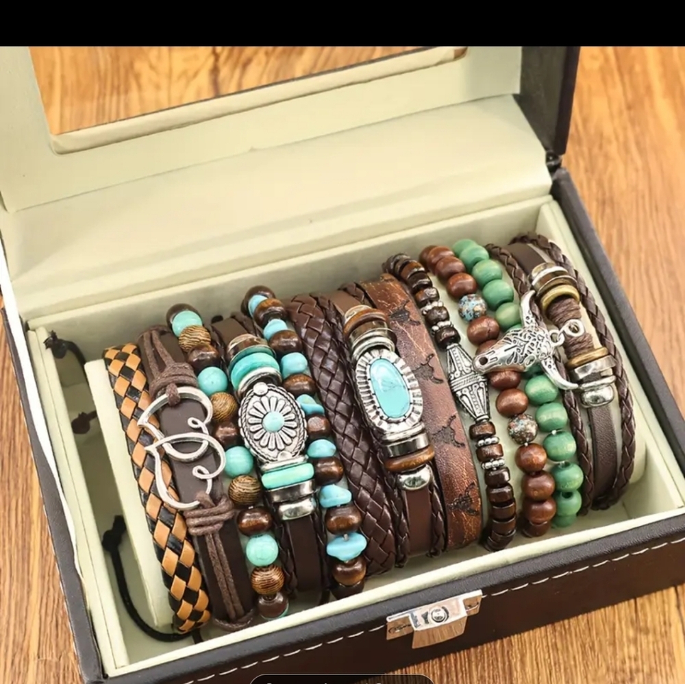 Brown and Turquoise Beaded Bracelet 12 Piece Set - Picture 3 of 5